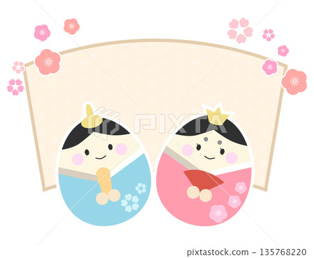 Hinamatsuri background: Hina dolls and Emperor dolls, Japanese pattern fan-shaped frame, yellow Hinamatsuri background: Hina dolls and Emperor dolls, Japanese pattern fan-shaped frame, yellow 135768220
