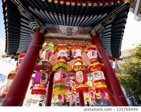 Yokohama Chinatown and Yamashitacho Park's gazebo and Chinese New Year decorations Yokohama Chinatown and Yamashitacho Park's gazebo and Chinese New Year decorations 135768449