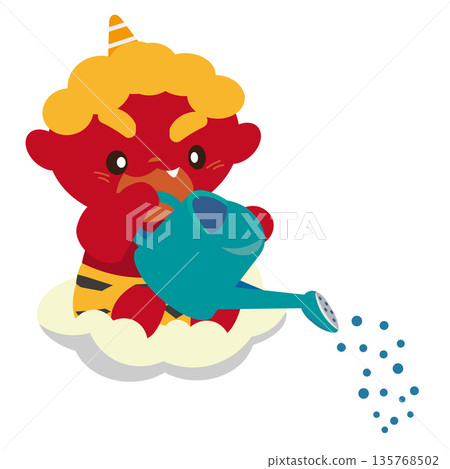 Illustration of a red demon riding on a cloud and bringing rain with a watering can Illustration of a red demon riding on a cloud and bringing rain with a watering can 135768502