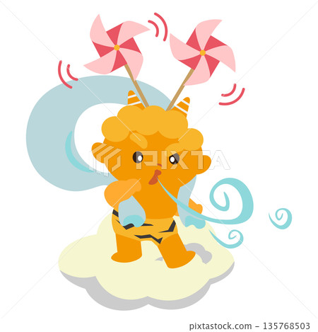 一幅插圖描繪了一個騎在雲上的黃色惡魔，假扮成風神。 135768503