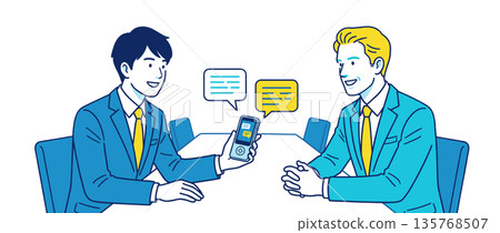 使用人工智慧翻譯錄音機進行多語言交流的商業場景示意圖 135768507