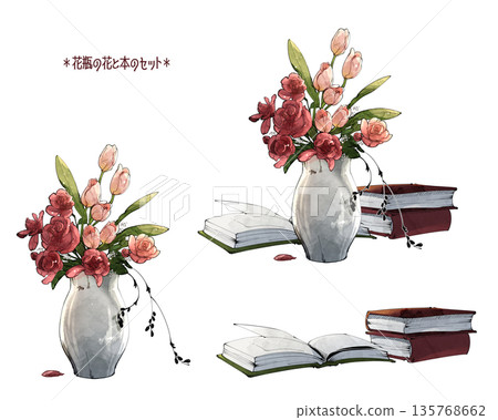 Watercolor flower vase and book set Watercolor flower vase and book set 135768662