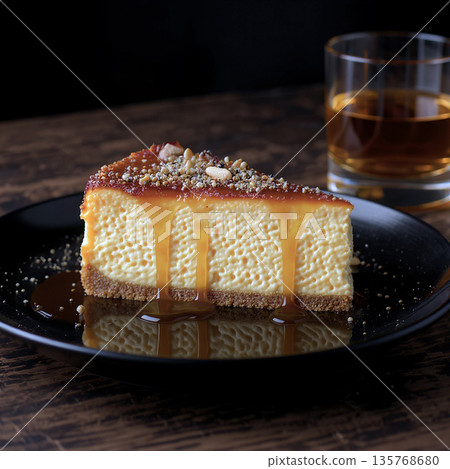 Baked cheesecake with black pepper and smoked nuts, served with maple syrup. A luxurious dessert for adults that goes perfectly with alcohol. 135768680