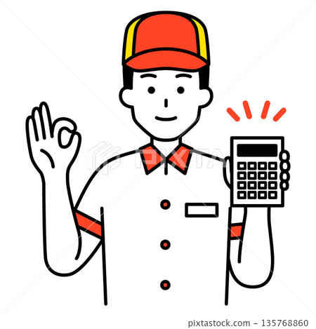 A male fast food restaurant employee shows a calculator and gives an OK sign A male fast food restaurant employee shows a calculator and gives an OK sign 135768860