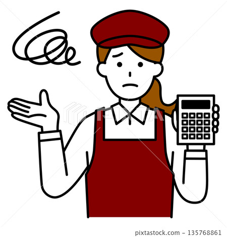 一位不滿的女咖啡館員工拿著計算器 135768861