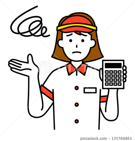 一位不滿的速食店女員工拿著計算器 135768863