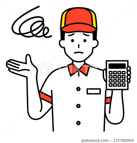 A dissatisfied male fast food restaurant employee holding a calculator A dissatisfied male fast food restaurant employee holding a calculator 135768864