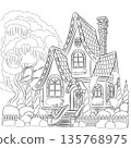 Black and white vector illustration of a fairy tale house with garden 135768975