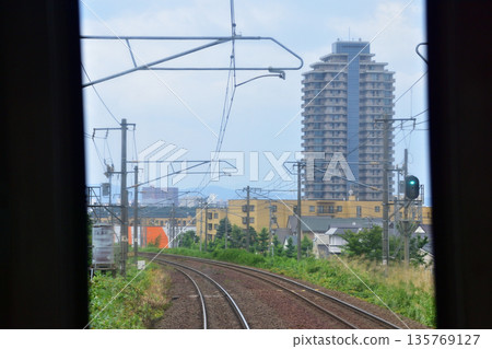 A view from the window of a local train on the JR Hokkaido Hakodate Main Line from Ebetsu Station to Shinrin-koen Station (cloudy in the summer of 2023) A view from the window of a local train on the JR Hokkaido Hakodate Main Line from Ebetsu Station to Shinrin-koen Station (cloudy in the summer of 2023) 135769127