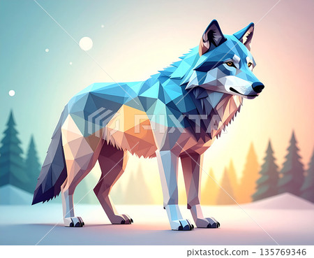 低多邊形狼站在冰原上 135769346