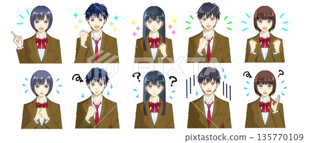 臉部表情圖示集，動漫風格高中或國中學生插圖，白色背景 135770109