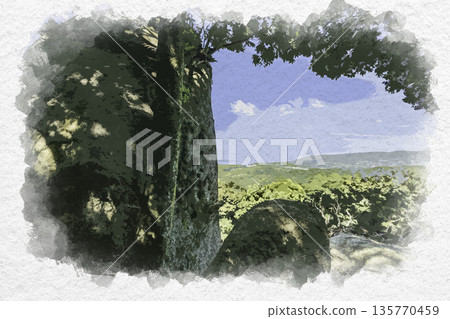 Watercolor painting of Iwakami Shrine's sacred stone, Awaji City, Hyogo Prefecture 135770459