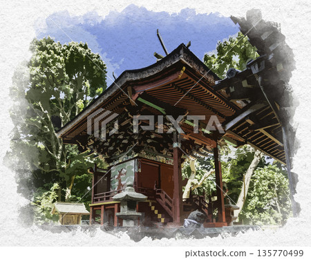 Watercolor painting of Iwakami Shrine, main hall, Awaji City, Hyogo Prefecture 135770499