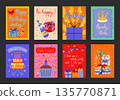 Colorful cartoon birthday posters. Cute party decor, gift boxes, cakes, candles, balloons. Parties, gifts, greetings, happy holiday postcards. Wall banners for Birthdays, events, party decoration. 135770871