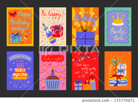 Colorful cartoon birthday posters. Cute party decor, gift boxes, cakes, candles, balloons. Parties, gifts, greetings, happy holiday postcards. Wall banners for Birthdays, events, party decoration. Colorful cartoon birthday posters. Cute party decor, gift boxes, cakes, candles, balloons. Parties, gifts, greetings, happy holiday postcards. Wall banners for Birthdays, events, party decoration. 135770871