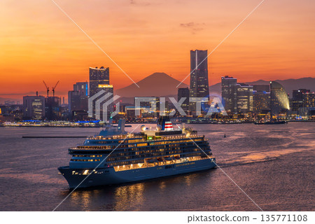 A luxury cruise ship departing for the evening view of Minato Mirai and Mount Fuji from the Bay Bridge observation deck A luxury cruise ship departing for the evening view of Minato Mirai and Mount Fuji from the Bay Bridge observation deck 135771108