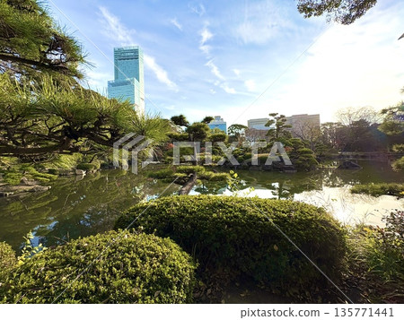Pond and Abeno Harukas reflected on the lake surface Pond and Abeno Harukas reflected on the lake surface 135771441