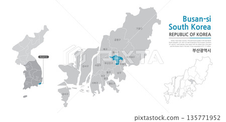 A map of Busan showing administrative districts with black lines on a white background A map of Busan showing administrative districts with black lines on a white background 135771952