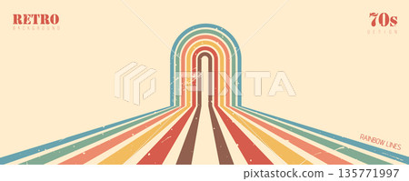 Stripe rainbow groovy. Playful vintage backdrop with beige tones. Geometric arches for wallpaper and artistic print design. Retro vector illustration Stripe rainbow groovy. Playful vintage backdrop with beige tones. Geometric arches for wallpaper and artistic print design. Retro vector illustration 135771997