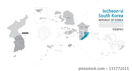 Map of Incheon showing administrative district with black line on white background Map of Incheon showing administrative district with black line on white background 135772015