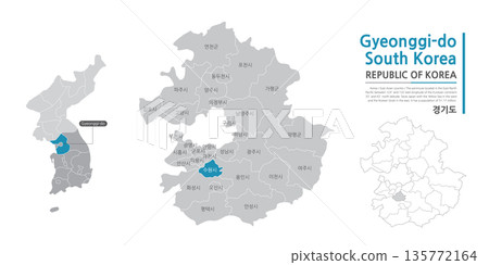 A map of Gyeonggi-do, South Korea, which marks administrative districts with black lines on a white background 135772164