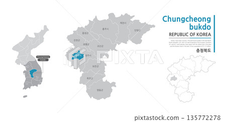 A map of Chungcheongbuk-do, Korea, showing the administrative districts with black lines on a white background 135772278