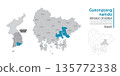 South Gyeongsang Province map showing administrative districts with black lines on a white background 135772338