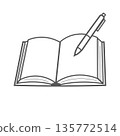 Simple line drawing icon of book and pen - Learning, writing, knowledge 135772514