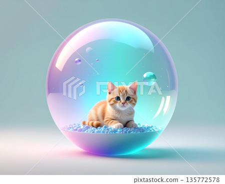 3D illustration of a cute brown tabby cat in a transparent capsule 135772578