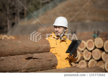A bearded middle-aged man wearing a helmet and holding a tablet working in the primary industry, such as forestry, checking and inspecting the development A bearded middle-aged man wearing a helmet and holding a tablet working in the primary industry, such as forestry, checking and inspecting the development 135772682