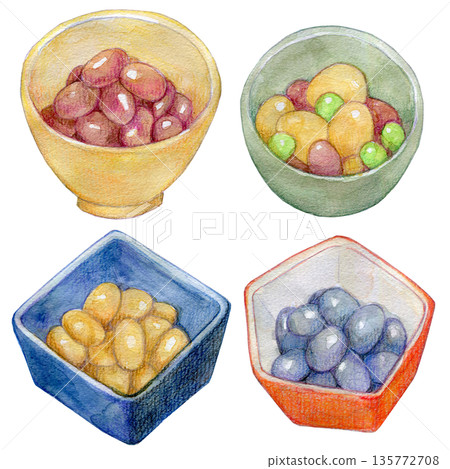 Watercolor illustration: Set of small bowls of boiled beans 135772708