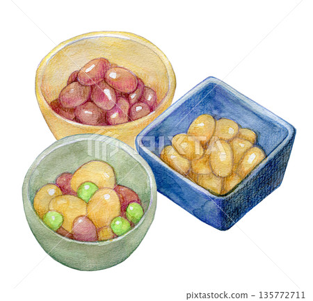 水彩插畫:一組盛有熟豆子的小碗 水彩插畫:一組盛有熟豆子的小碗 135772711