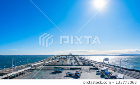 Tokyo Bay Aqua-Line Umihotaru Parking Area and the blue sky Tokyo Bay Aqua-Line Umihotaru Parking Area and the blue sky 135773068