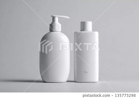 White cosmetic shampoo and lotion dispenser bottle mock-up on grey background 135773298