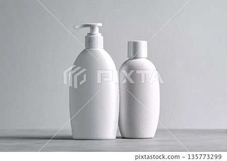 White cosmetic shampoo and lotion dispenser bottle mock-up on grey background 135773299