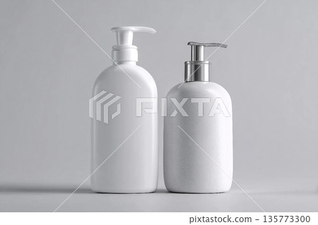 White cosmetic shampoo and lotion dispenser bottle mock-up on grey background White cosmetic shampoo and lotion dispenser bottle mock-up on grey background 135773300