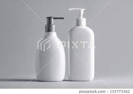 White cosmetic shampoo and lotion dispenser bottle mock-up on grey background 135773302