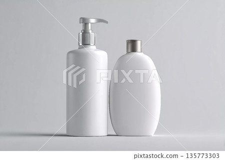 White cosmetic shampoo and lotion dispenser bottle mock-up on grey background 135773303
