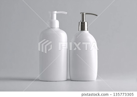 White cosmetic shampoo and lotion dispenser bottle mock-up on grey background 135773305