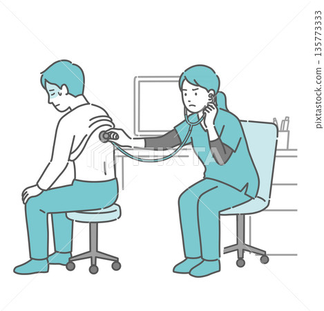 Illustration of a man with a cold sweat receiving a stethoscope on his back and a female medical professional in a scrub with a serious expression 135773333