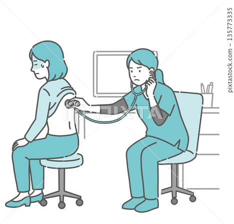 Illustration of a woman with a cold sweat receiving a stethoscope on her back and a female medical professional in a scrub with a serious expression Illustration of a woman with a cold sweat receiving a stethoscope on her back and a female medical professional in a scrub with a serious expression 135773335