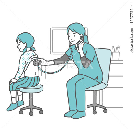 圖:一位身穿手術服的女性醫護人員(醫師/護理師)正在聽診一位女孩的背部。 圖:一位身穿手術服的女性醫護人員(醫師/護理師)正在聽診一位女孩的背部。 135773344