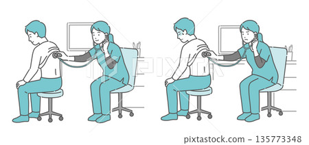 Illustration set of auscultation of a man's back by a female medical professional wearing a scrub (normal, abnormal, unwell) 135773348
