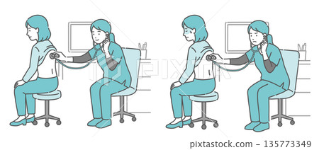 Illustration set of auscultation of a woman's back by a female medical professional wearing a scrub (normal, abnormal, unwell) 135773349