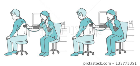 一組插圖，描繪了一位身穿手術服的女醫護人員為一位老年男性進行背部聽診（正常、異常、健康狀況不佳） 135773351