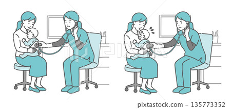 Illustration set of auscultation of a baby's back by a female medical professional wearing a scrub (normal, abnormal, unwell) Illustration set of auscultation of a baby's back by a female medical professional wearing a scrub (normal, abnormal, unwell) 135773352