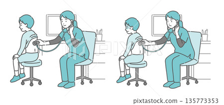 Illustration set of auscultation of a boy's back by a female medical worker wearing a scrub (normal, abnormal, unwell) 135773353