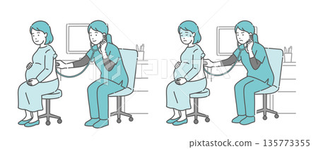 Illustration set of auscultation of a pregnant woman's back by a female medical professional wearing a scrub (normal, abnormal, unwell) Illustration set of auscultation of a pregnant woman's back by a female medical professional wearing a scrub (normal, abnormal, unwell) 135773355