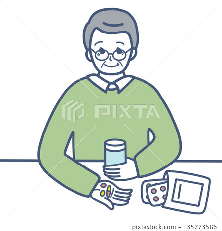 Illustration material of a senior man taking medication 135773586