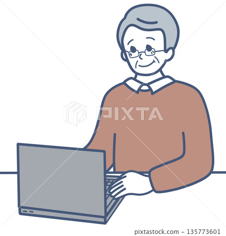 Illustration material of a senior man working on a computer 135773601